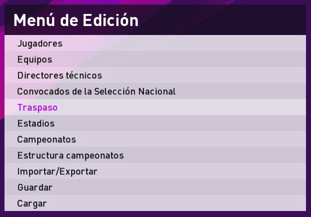 Option File PES 2020 Menú de Edición